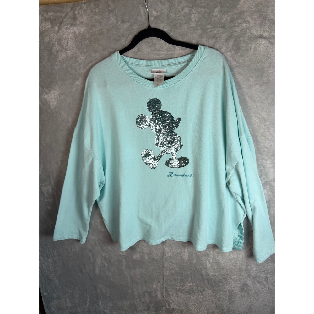DISNEY PARKS Mickey Sweatshirt Womens 1X Aqua Sequin Disneyland Pullover